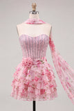 Robe de rentrée à la maison à la maison en perles florales à étages A-Line avec écharpe de col