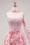 Robe de rentrée à la maison à la maison en perles florales à étages A-Line avec écharpe de col