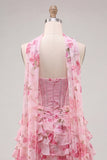 Robe de rentrée à la maison à la maison en perles florales à étages A-Line avec écharpe de col