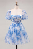 Corset de fin d’année bleu à col carré en ligne A, robe florale de rentrée avec dentelle dans le dos