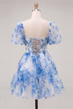 Corset de fin d’année bleu à col carré en ligne A, robe florale de rentrée avec dentelle dans le dos