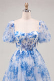 Corset de fin d’année bleu à col carré en ligne A, robe florale de rentrée avec dentelle dans le dos