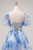 Corset de fin d’année bleu à col carré en ligne A, robe florale de rentrée avec dentelle dans le dos