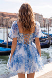 Corset de fin d’année bleu à col carré en ligne A, robe florale de rentrée avec dentelle dans le dos