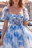 Corset de fin d’année bleu à col carré en ligne A, robe florale de rentrée avec dentelle dans le dos
