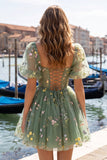 Corset de fin d’année bleu à col carré en ligne A, robe florale de rentrée avec dentelle dans le dos