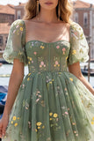 Corset de fin d’année bleu à col carré en ligne A, robe florale de rentrée avec dentelle dans le dos