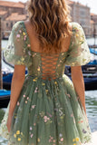 Corset de fin d’année bleu à col carré en ligne A, robe florale de rentrée avec dentelle dans le dos