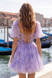 Corset de fin d’année bleu à col carré en ligne A, robe florale de rentrée avec dentelle dans le dos