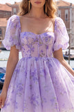 Corset de fin d’année bleu à col carré en ligne A, robe florale de rentrée avec dentelle dans le dos