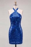 Robe courte de rentrée à la maison à col nu bleu royal bleu Bodycon scintillante