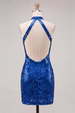 Robe courte de rentrée à la maison à col nu bleu royal bleu Bodycon scintillante