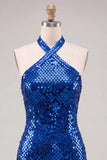 Robe courte de rentrée à la maison à col nu bleu royal bleu Bodycon scintillante