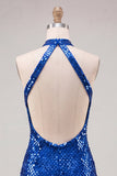 Robe courte de rentrée à la maison à col nu bleu royal bleu Bodycon scintillante
