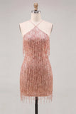 Robe de fin d’année Dusty Rose Bodycon Bodycon à col nu et paillettes à la maison avec franges