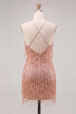 Robe de fin d’année Dusty Rose Bodycon Bodycon à col nu et paillettes à la maison avec franges