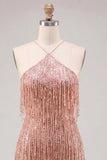 Robe de fin d’année Dusty Rose Bodycon Bodycon à col nu et paillettes à la maison avec franges