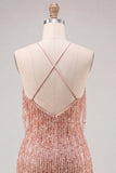 Robe de fin d’année Dusty Rose Bodycon Bodycon à col nu et paillettes à la maison avec franges