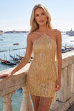 Robe de fin d’année Dusty Rose Bodycon Bodycon à col nu et paillettes à la maison avec franges
