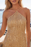 Robe de fin d’année Dusty Rose Bodycon Bodycon à col nu et paillettes à la maison avec franges