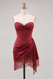 Corset Bordeaux moulant Sweetheart Froigné Dentelle à franges Back Homecoming Robe
