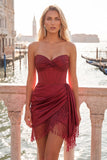 Corset Bordeaux moulant Sweetheart Froigné Dentelle à franges Back Homecoming Robe