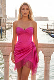 Corset Bordeaux moulant Sweetheart Froigné Dentelle à franges Back Homecoming Robe