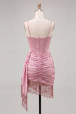 Corset moulant rose robe courte de balles à perles à franges et ceinture
