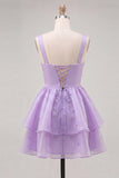 Robe courte de rentrée à la maison Lilas A-Line à décolleté en V à niveaux perlé avec dentelle dans le dos