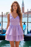 Robe courte de rentrée à la maison Lilas A-Line à décolleté en V à niveaux perlé avec dentelle dans le dos