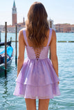 Robe courte de rentrée à la maison Lilas A-Line à décolleté en V à niveaux perlé avec dentelle dans le dos