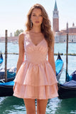 Robe courte de rentrée à la maison Lilas A-Line à décolleté en V à niveaux perlé avec dentelle dans le dos