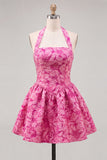 Robe courte de rentrée à la maison à col fuchsia fuchsia à col nu Jacquard