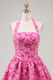 Robe courte de rentrée à la maison à col fuchsia fuchsia à col nu Jacquard