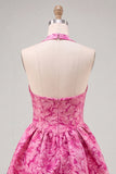 Robe courte de rentrée à la maison à col fuchsia fuchsia à col nu Jacquard