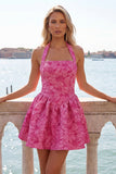 Robe courte de rentrée à la maison à col fuchsia fuchsia à col nu Jacquard