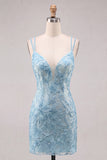 Robe courte de rentrée à la maison bleu clair Bodycon bretelles fines florales avec perles