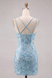 Robe courte de rentrée à la maison bleu clair Bodycon bretelles fines florales avec perles