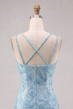 Robe courte de rentrée à la maison bleu clair Bodycon bretelles fines florales avec perles