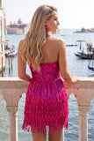 Robe cocktail bodycon sans bretelles Fuchsia avec franges