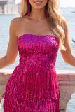 Robe cocktail bodycon sans bretelles Fuchsia avec franges