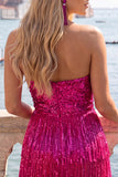 Robe cocktail bodycon sans bretelles Fuchsia avec franges