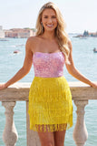 Robe cocktail bodycon sans bretelles Fuchsia avec franges