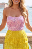 Robe cocktail bodycon sans bretelles Fuchsia avec franges
