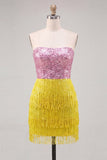 Robe cocktail bodycon sans bretelles Fuchsia avec franges