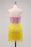 Robe cocktail bodycon sans bretelles Fuchsia avec franges