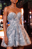 Robe courte de rentrée à la maison bleue bleue A-Line Sweetheart Flower, perle à la maison, avec dentelle dans le dos
