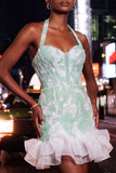 Robe de rentrée à la maison à fleurs émoulées vert menthe à col nu perlé avec volants et lacet dans le dos