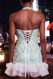 Robe de rentrée à la maison à fleurs émoulées vert menthe à col nu perlé avec volants et lacet dans le dos