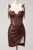 Corset transparent scintillant, sequins bodycon, lacets dans le dos, bretelles à ruban, robe de rentrée à la maison avec fente